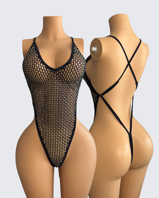 V-BODYSUIT BLACK RHINESTONE GRID (BIG BUST ONLY)