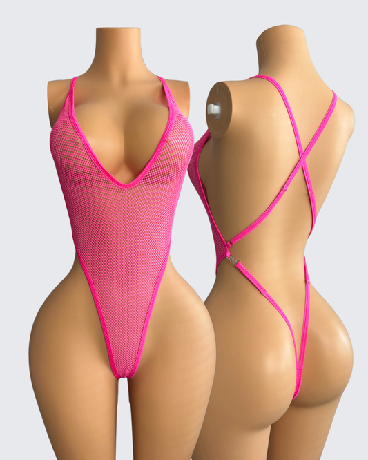 V-BODYSUIT HOT PINK GRID